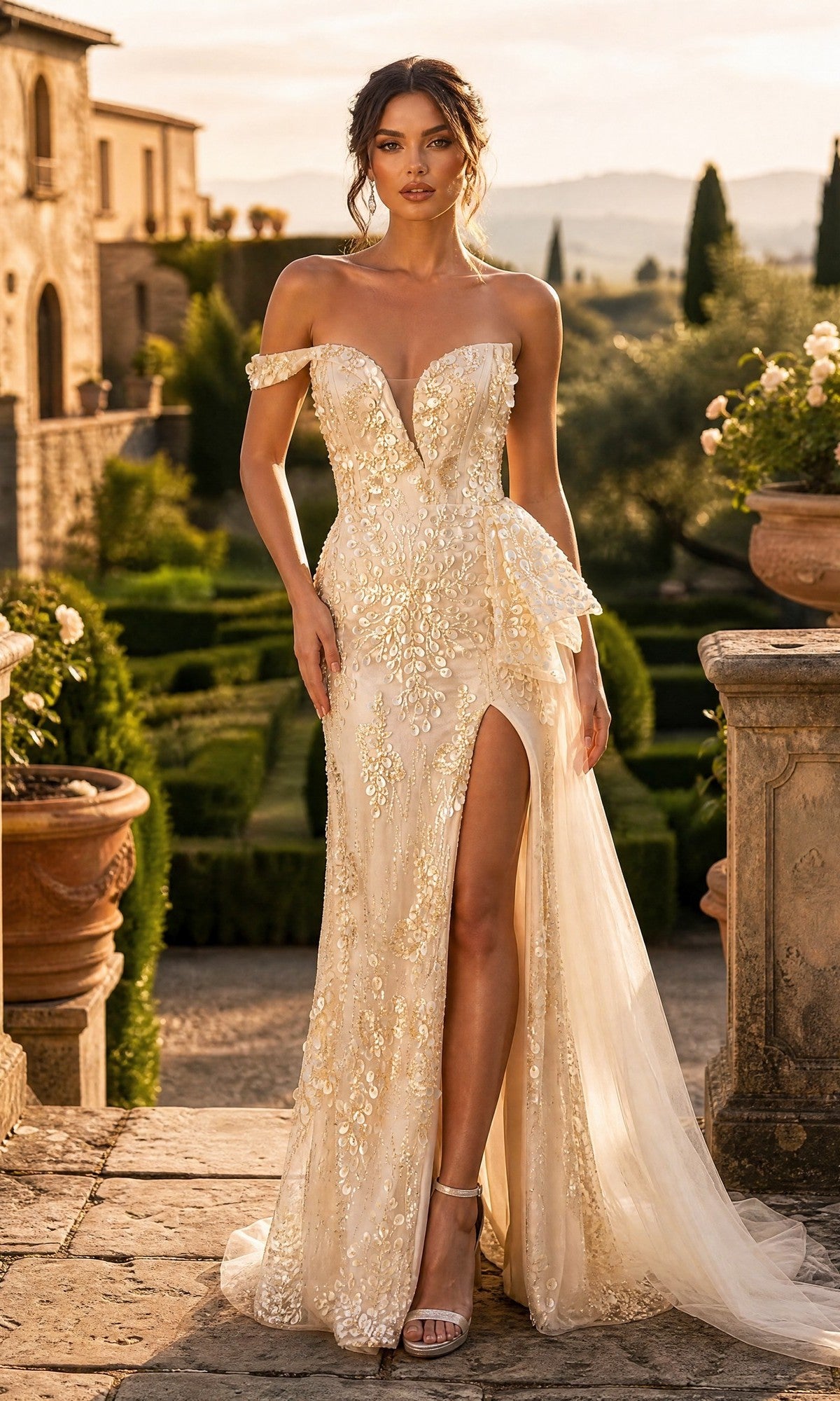 A woman wearing the Long Formal Dress: Chicas YG5035 in champagne—a fitted, off-shoulder sequin gown with a thigh-high slit—stands outdoors on stone steps surrounded by garden greenery and historic buildings.